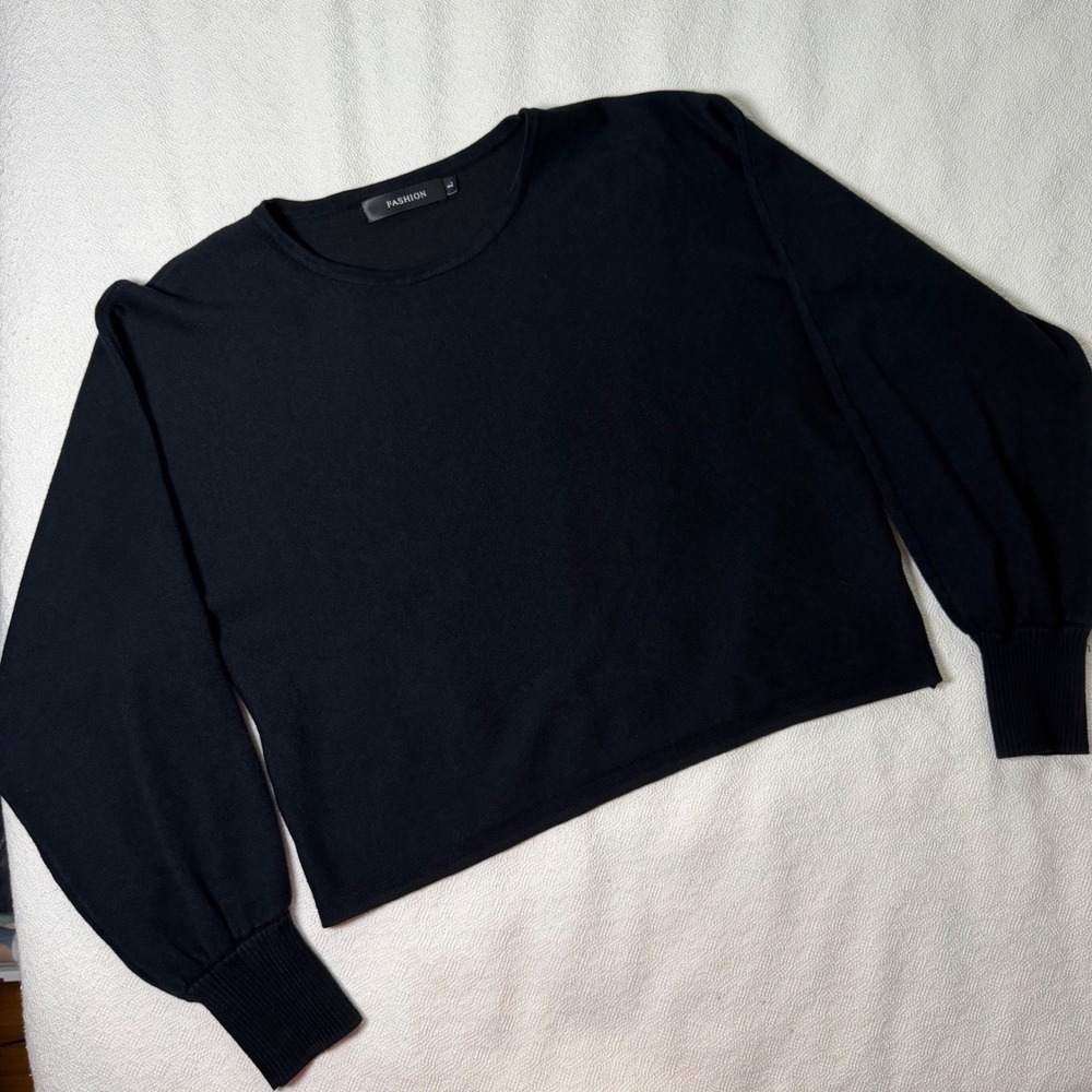 Fashion Black Puff Sleeve Ribbed Cuff Crew Neck Sweater Rayon Blend Large